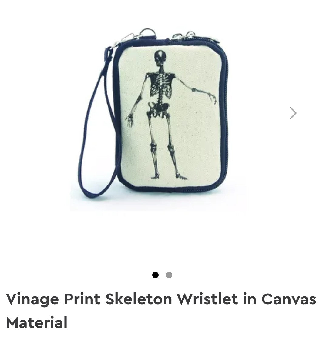 Vintage Print Skeleton Wristlet in Canvas Material