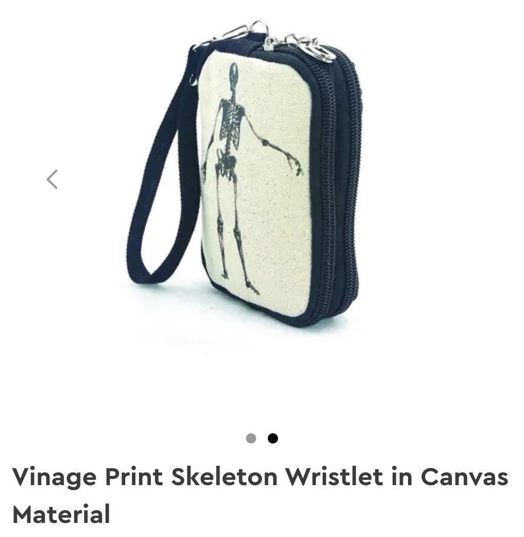 Vintage Print Skeleton Wristlet in Canvas Material